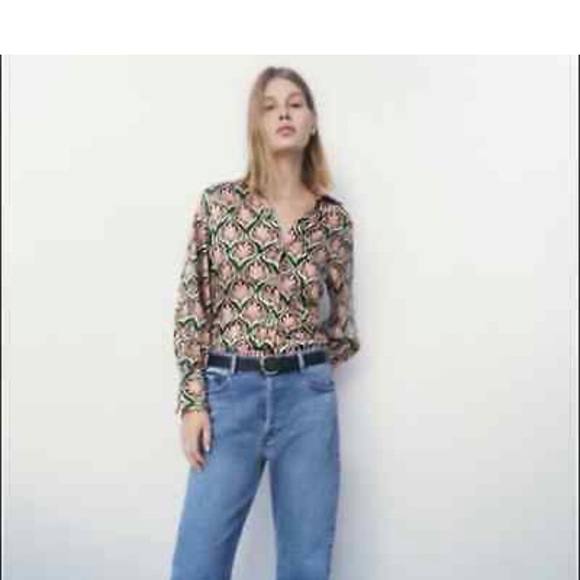 Zara Floral Button Down V-Neck Blouse Large - Picture 1 of 5